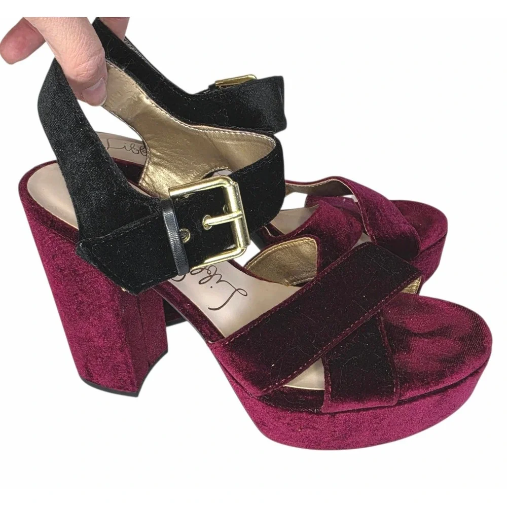 Libby Edelman Whimsigoth Velvet Platform Sandals 7.5M Marsha Burgundy Black